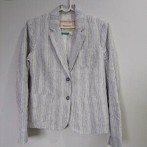 Anthropologie Cartonnier 100% linen Navy White Beachy Pin Stripe blazer, Sz 6